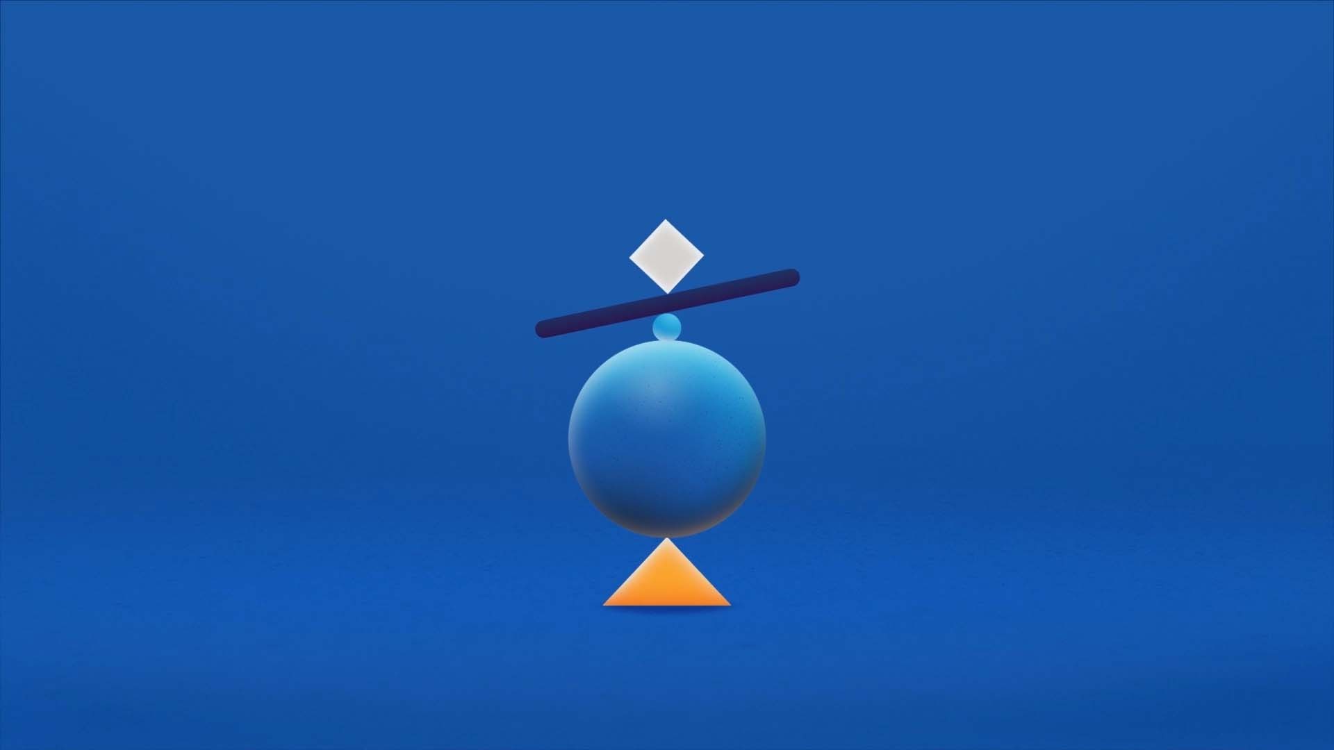 3D animated geometric shapes balancing one on top of the other on a plain blue background 