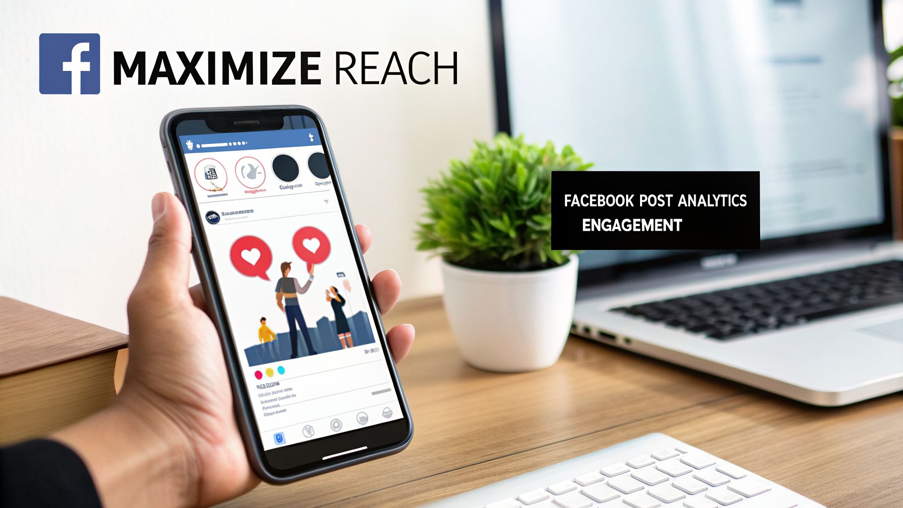 A hand holds a smartphone displaying Facebook post analytics for engagement and maximizing reach.