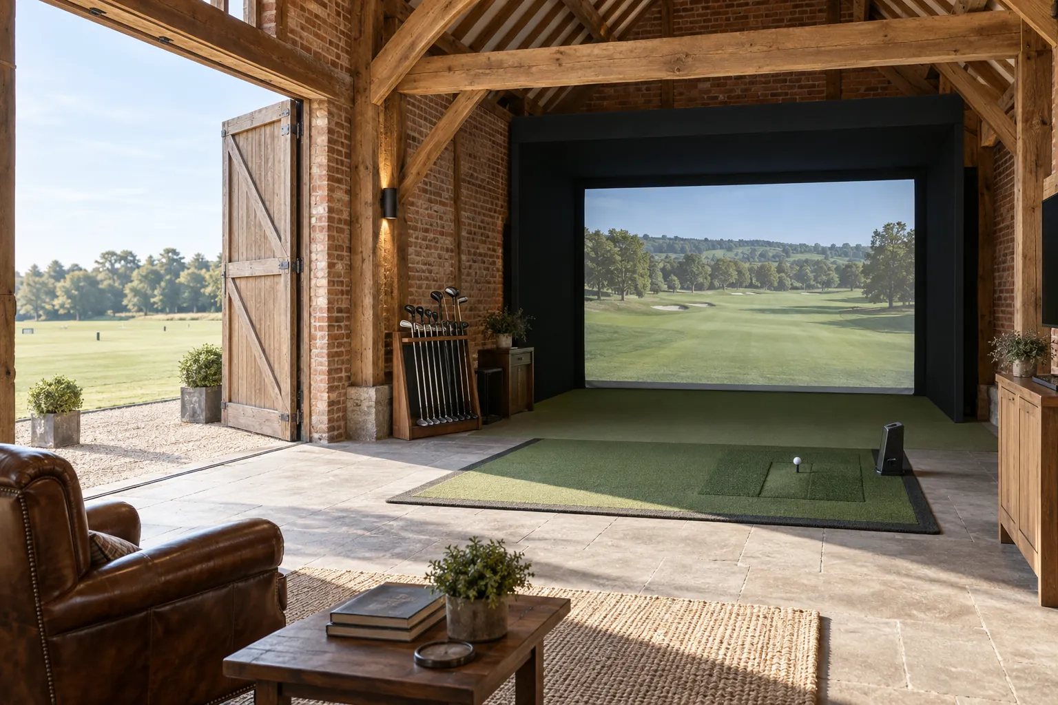 The teaching studio in the oak barn: a hitting mat before the launch monitor screen, the barn doors open onto the practice ground