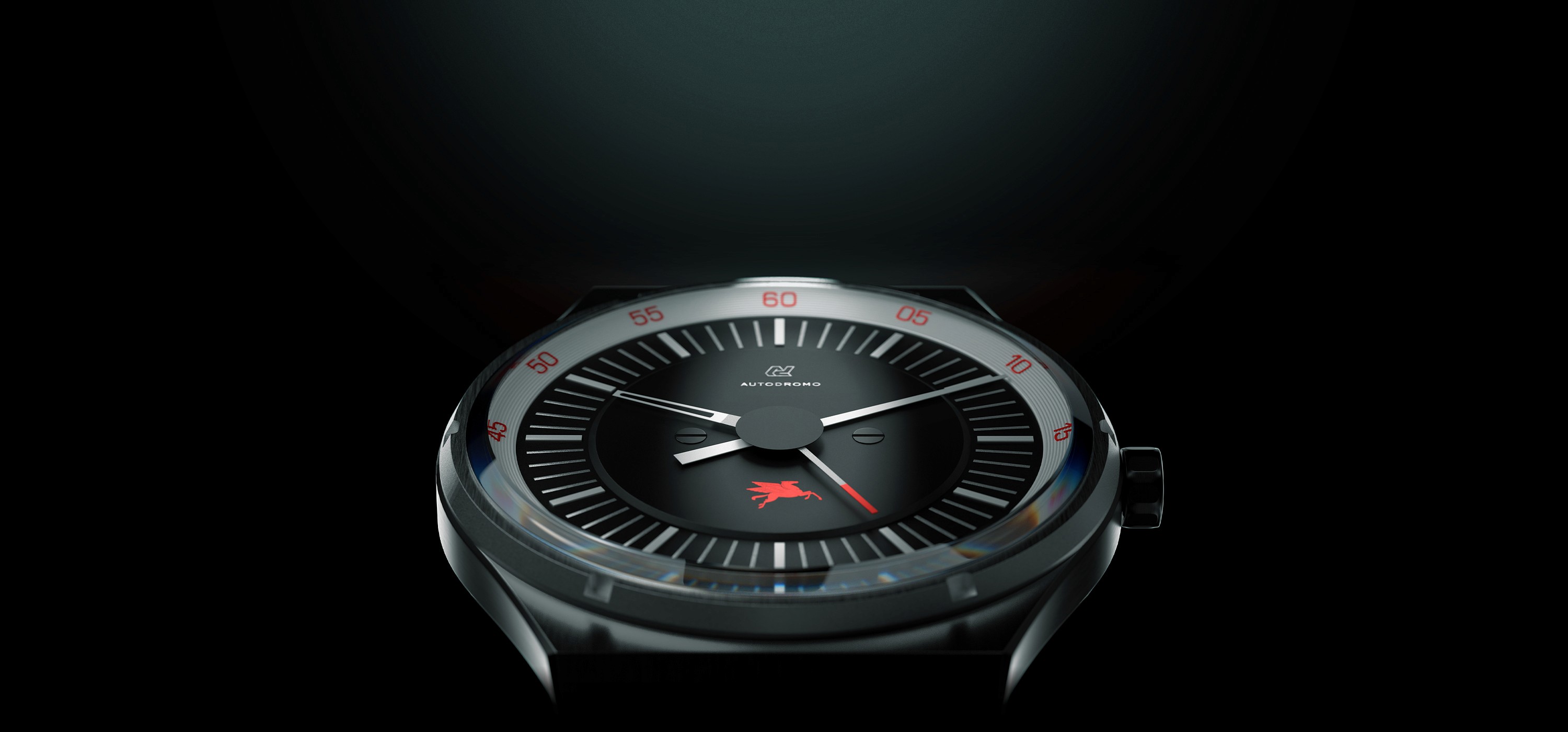 Close-up of a black Autodromo Group B wristwatch with a minimalist dial, white and red markers, and a red seconds hand, photographed against a dark background.