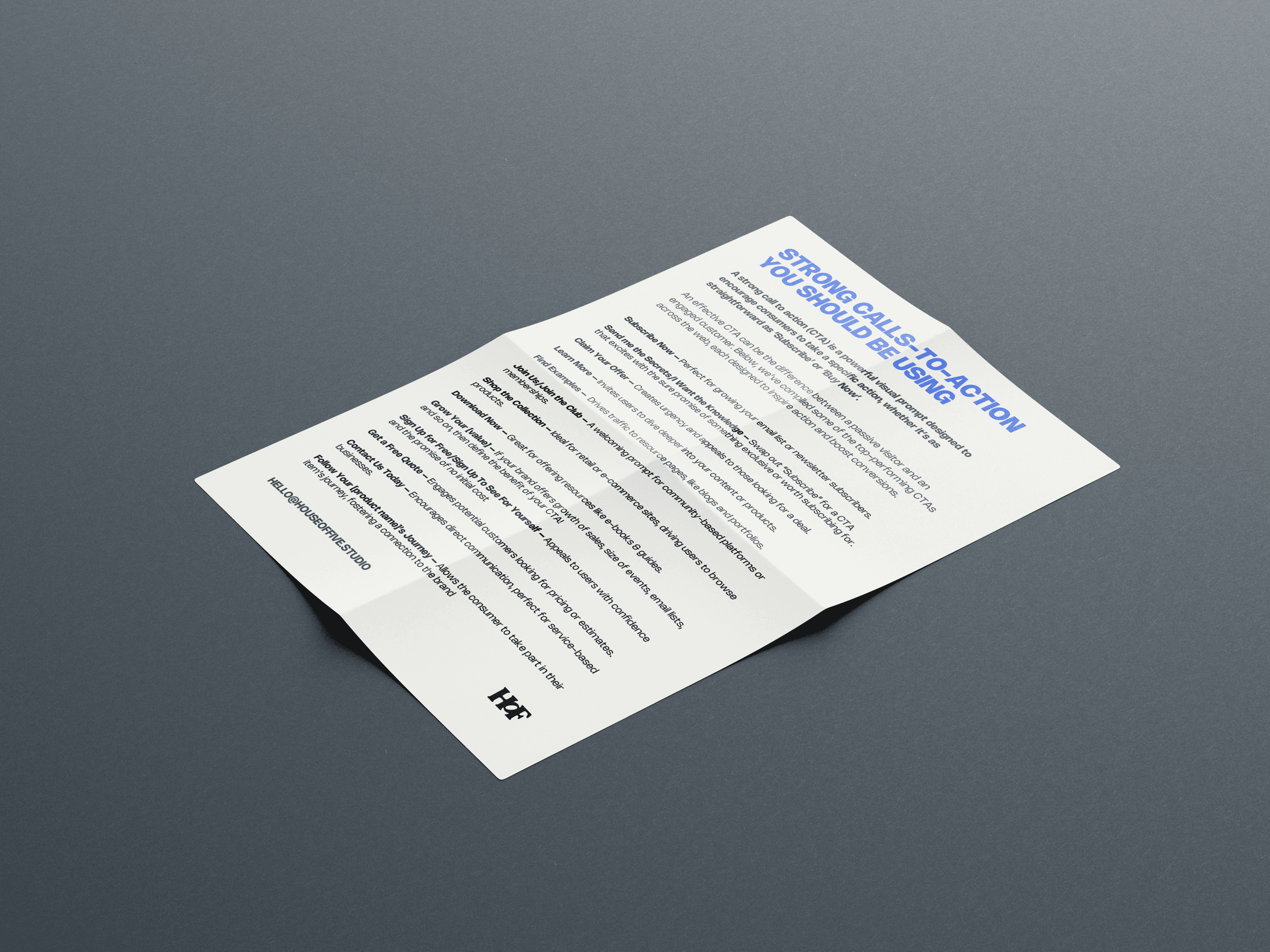 A document called strong calls-to-action you should be using, printedn on an unfolded paper with fold marks, on a grey background.