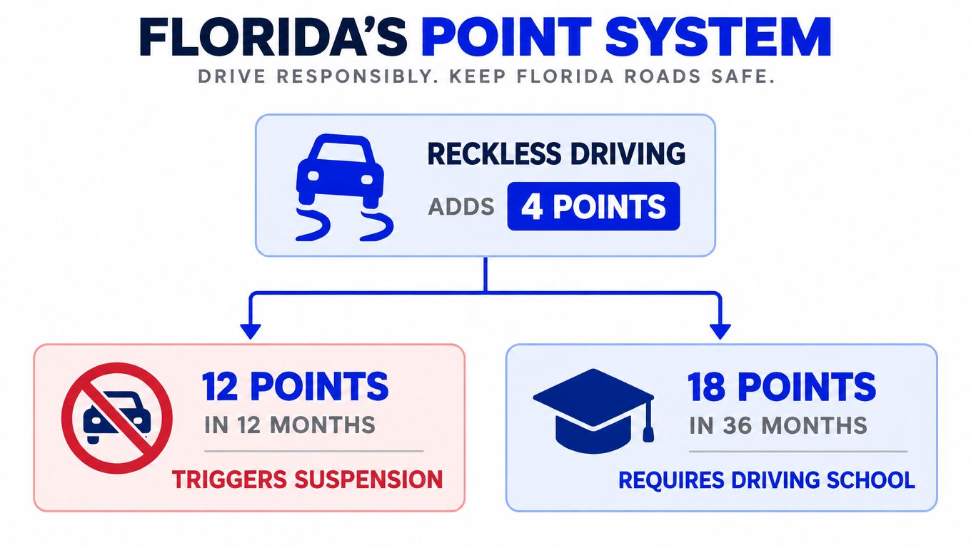 A diagram outlining the Florida point system for driving offenses, including point values and suspension triggers.