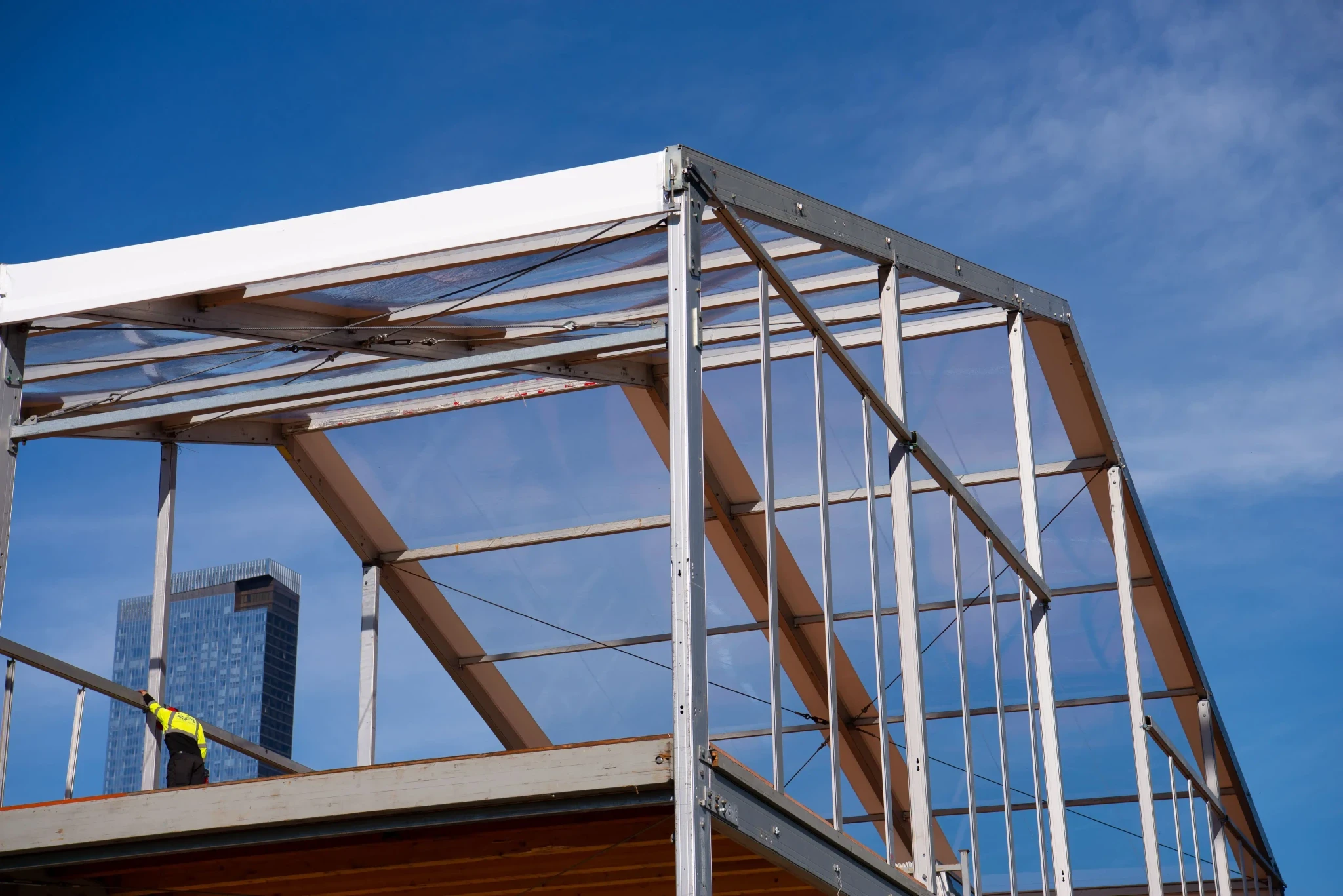 Steel framing structure under construction for a commercial building project.