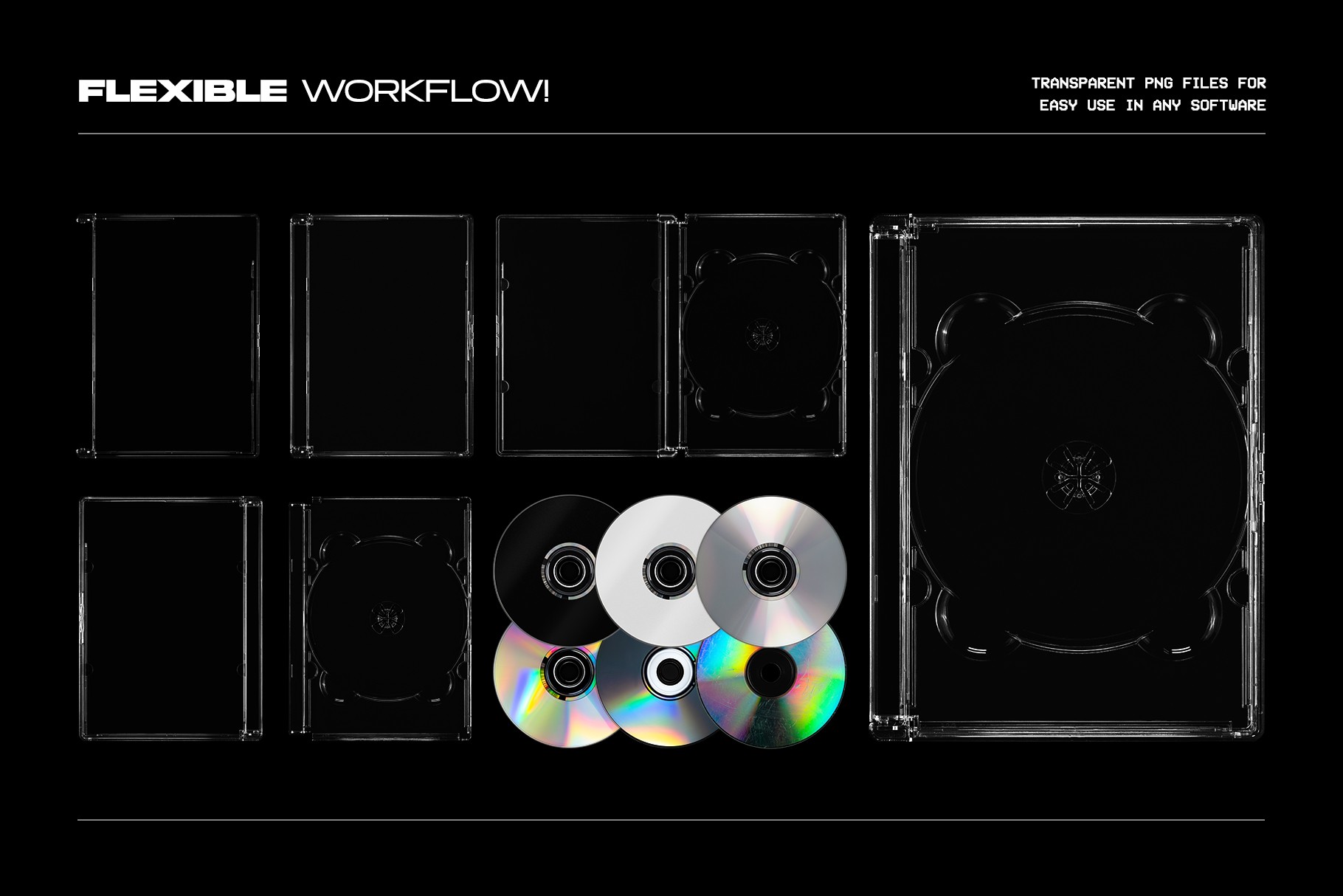 DVD jewel case mockup transparent case elements and multiple realistic disc options