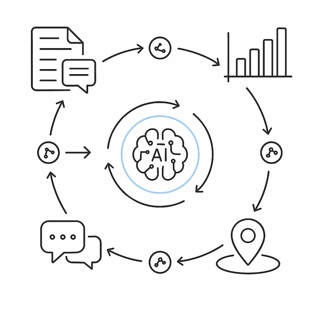 Diagram of an SMB GEO stack linking AI engines, content generation, citation tracking, local presence, and analytics.