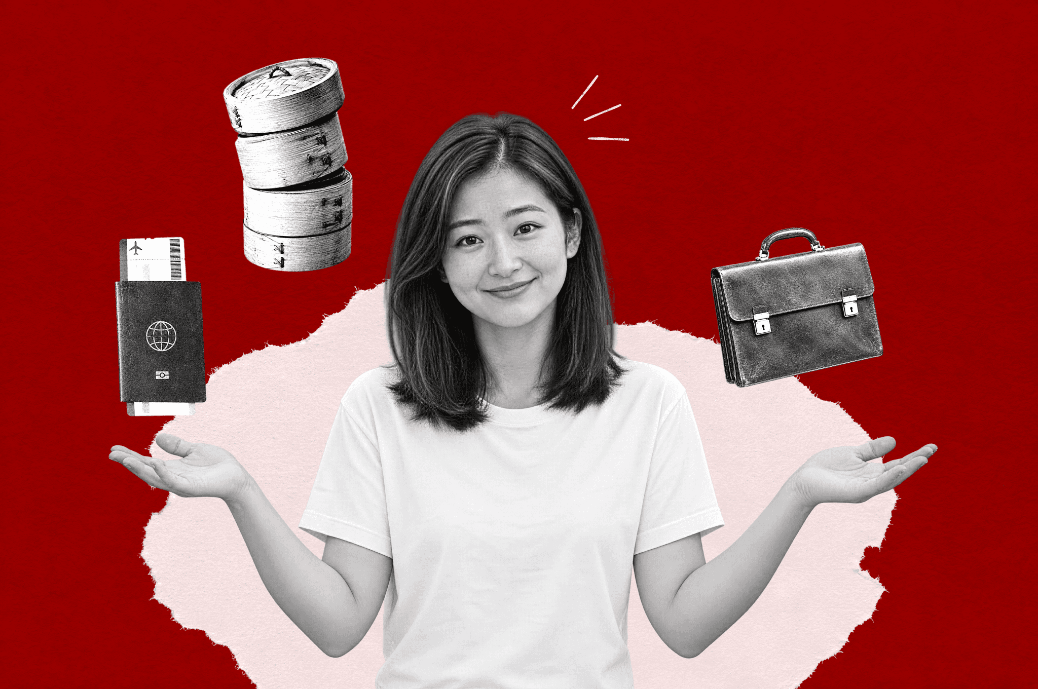 A woman choosing between Cantonese learning pathways, with a passport, dim sum baskets and a briefcase on a textured red background.