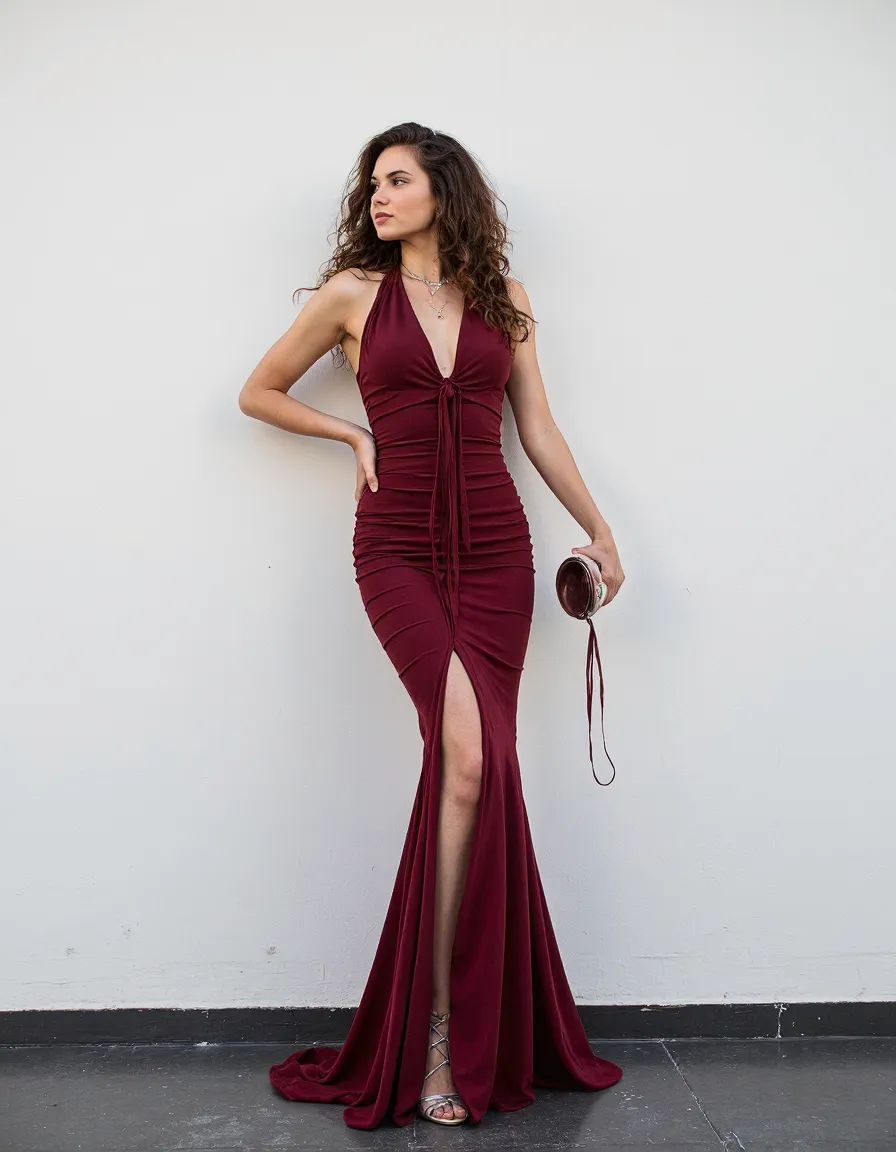 Woman in burgundy halter gown with high slit against white wall, professional fashion catalogue photography