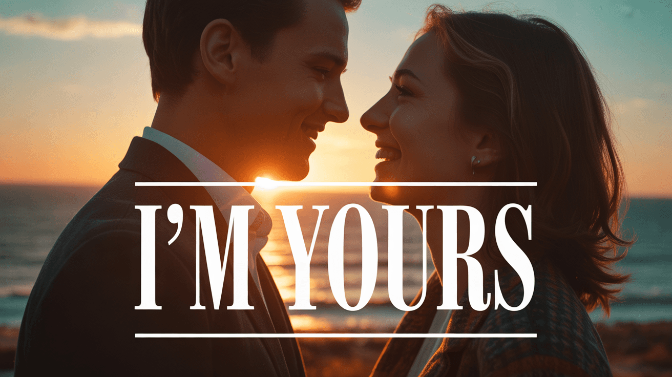 Couple silhouette by ocean at golden sunset with I'm Yours serif text centered