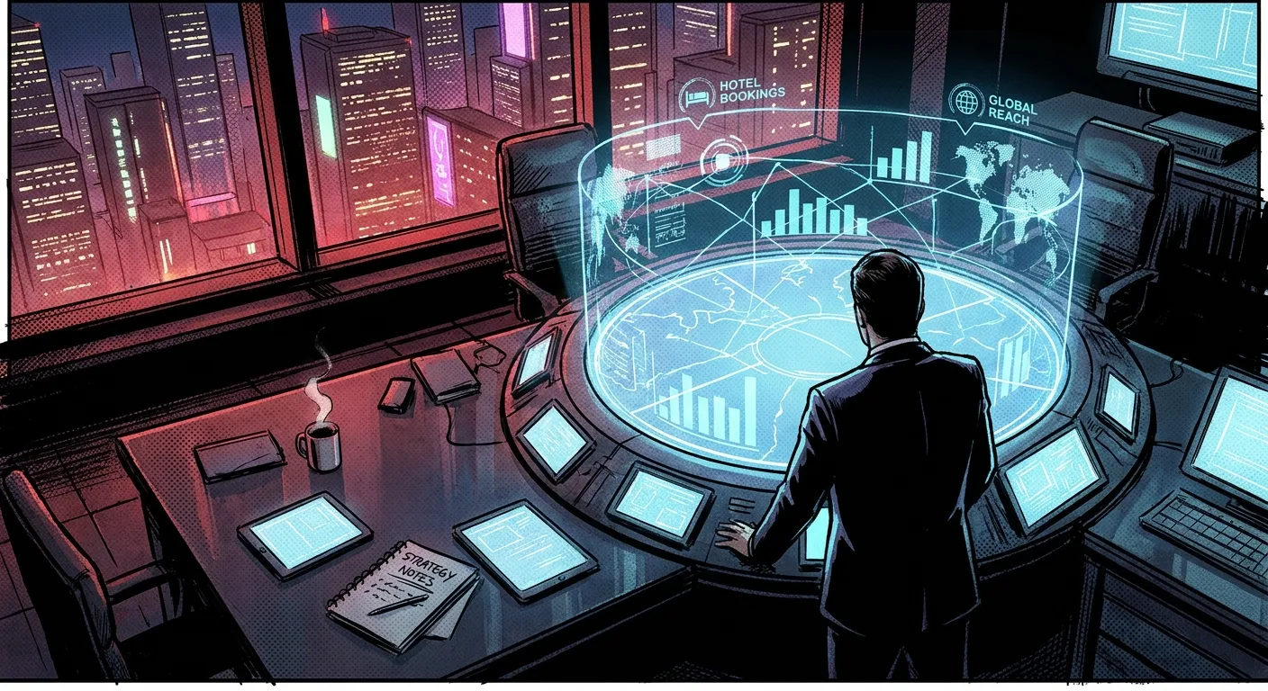 Man at futuristic table with city view, RockN' Socials Digital Marketing Agency.