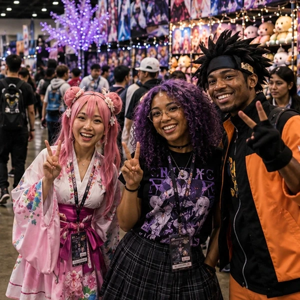 3 anime dressed friends pose while in the middle of a fan fest convention