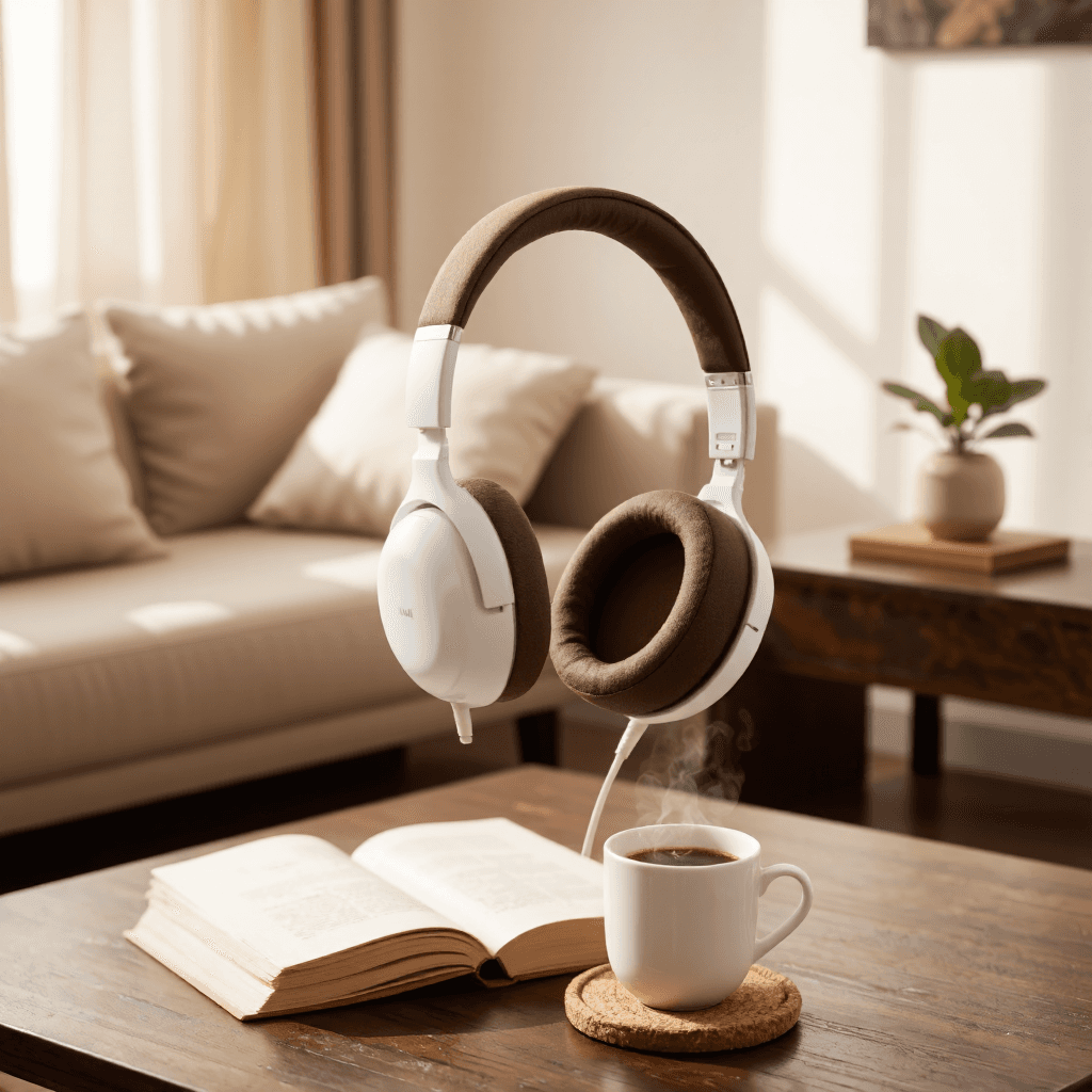 product photography of a pair of over-ear headphones designed for comfortable listening