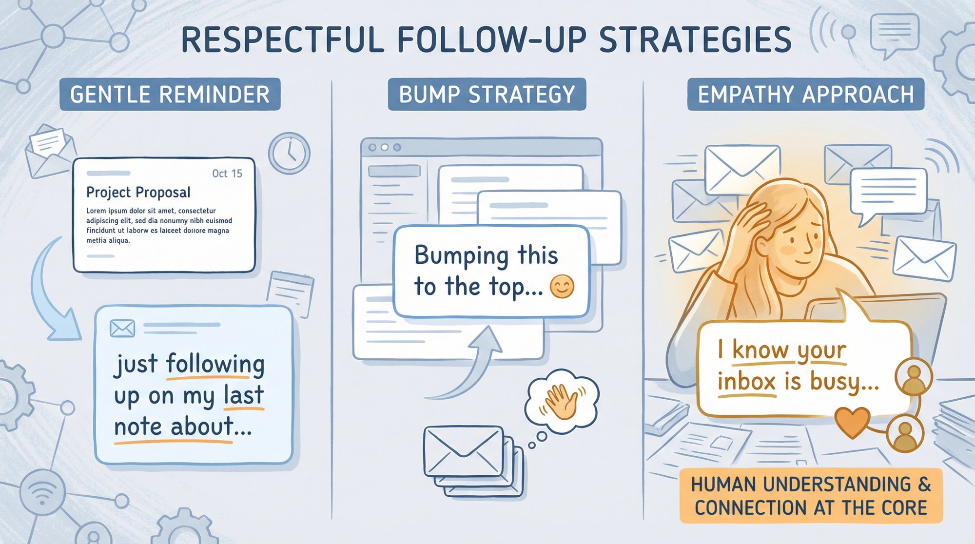 Visual guide to three follow-up email strategies: Gentle Reminder, Bump Strategy, and Empathy Approach with before-and-after messaging examples