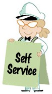Illustration of a Service Person holding 'Self Service' signage 