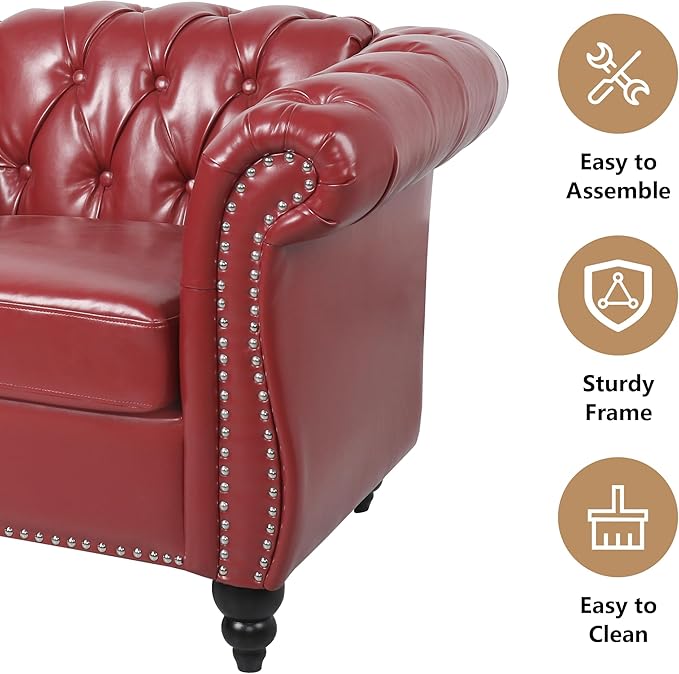 Stylish Chesterfield couch with a timeless design, showcasing deep seating and rolled arms for a touch of vintage charm.