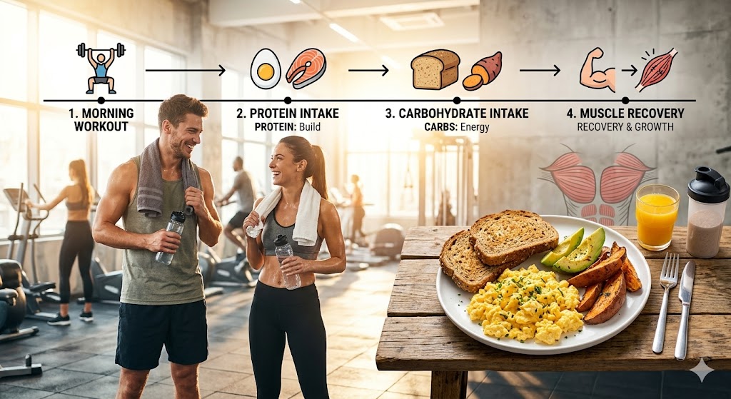 A comprehensive infographic illustrating a post-workout recovery timeline for fitness: 1. Morning Workout, 2. Protein Intake (eggs and salmon for building), 3. Carbohydrate Intake (whole grains and sweet potatoes for energy), and 4. Muscle Recovery and growth. Features a diverse male and female fitness couple smiling in a bright gym, a high-protein breakfast plate with avocado, and a shaker cup, highlighting nutrient timing.