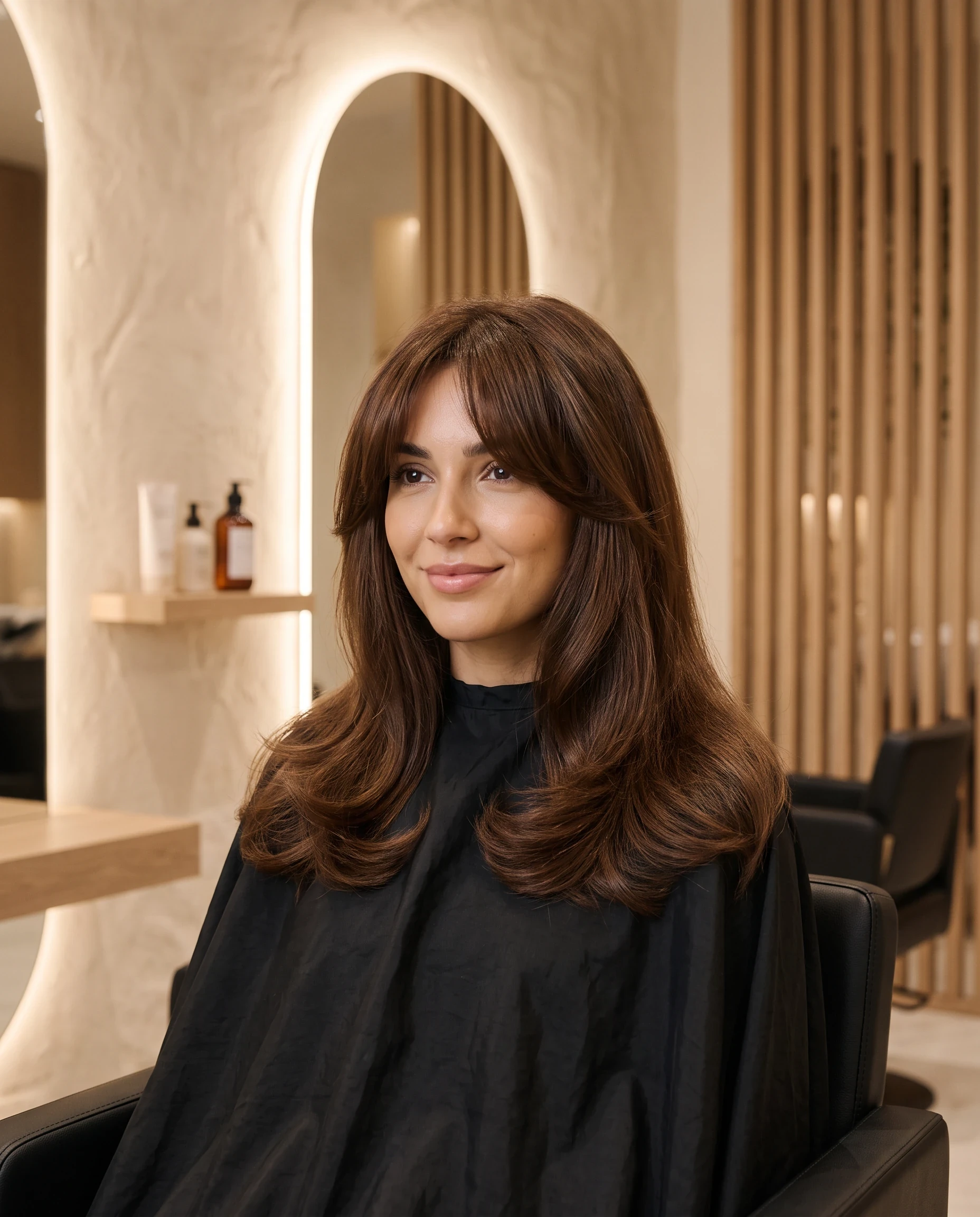 Shoulder length chestnut blowout with soft curtain bangs