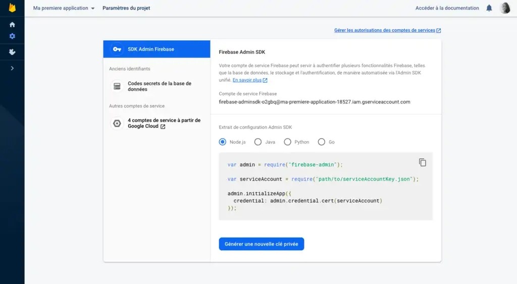 Interface clé SDK Firebase