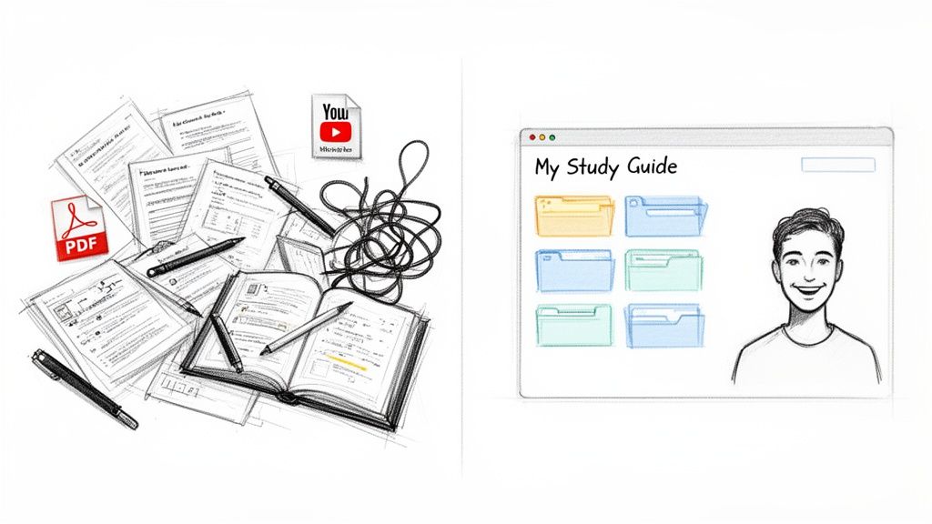 Illustration showing disorganized papers and pens contrasting with an organized digital study guide interface.