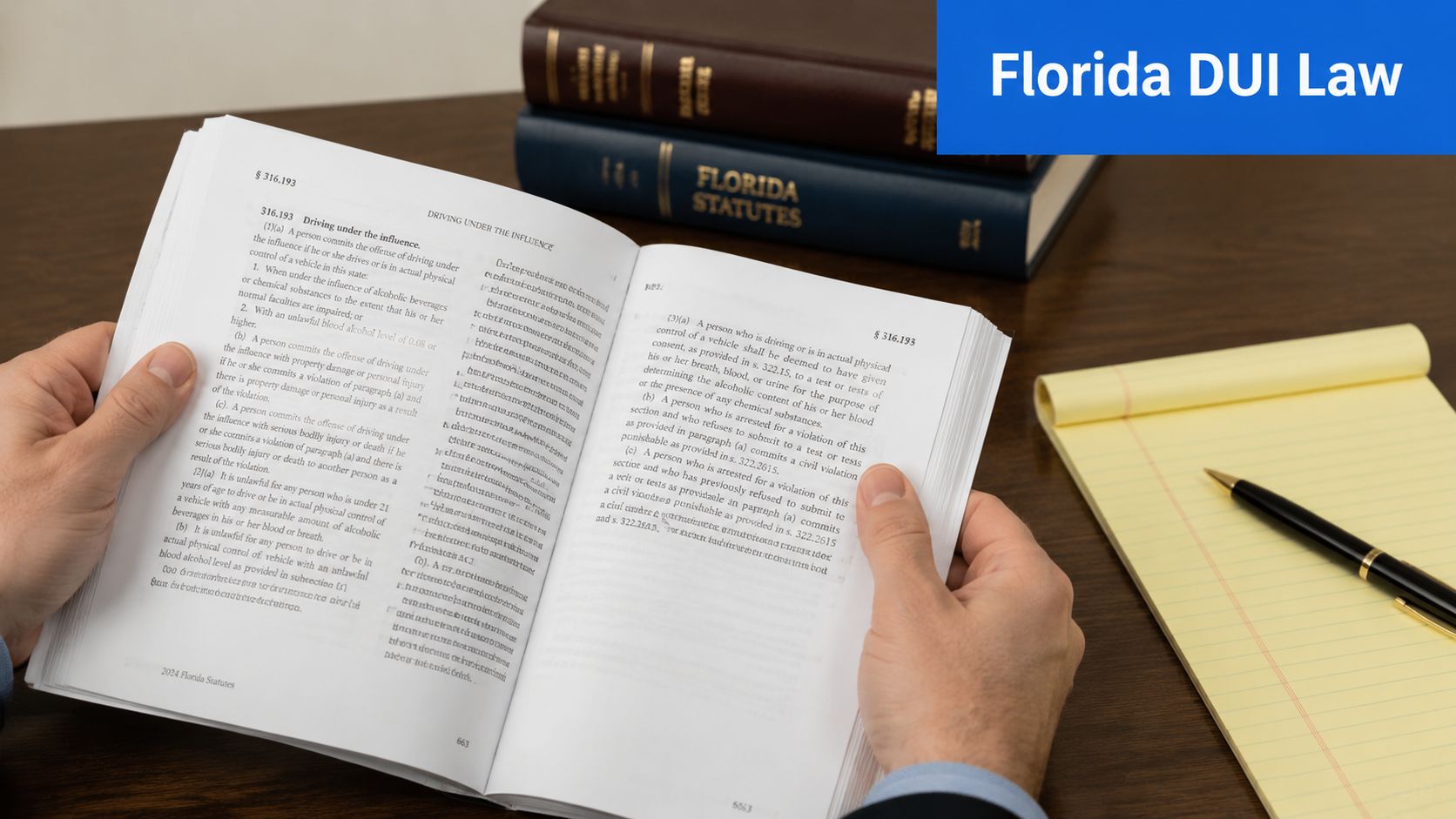 A person holding an open legal book about Florida DUI laws while sitting at a wooden desk.