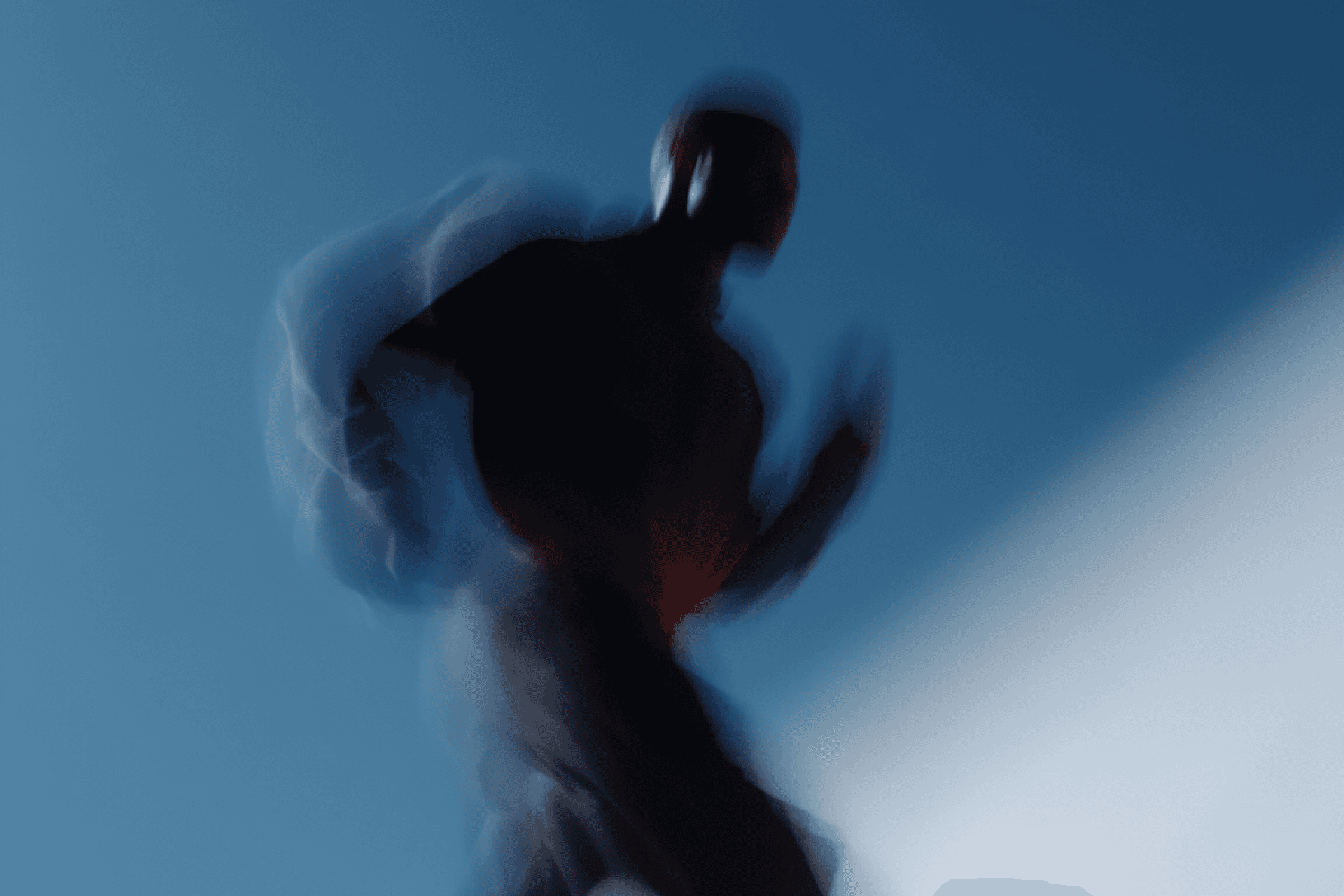 An abstract, motion-blurred silhouette of a person running against a solid blue background.
