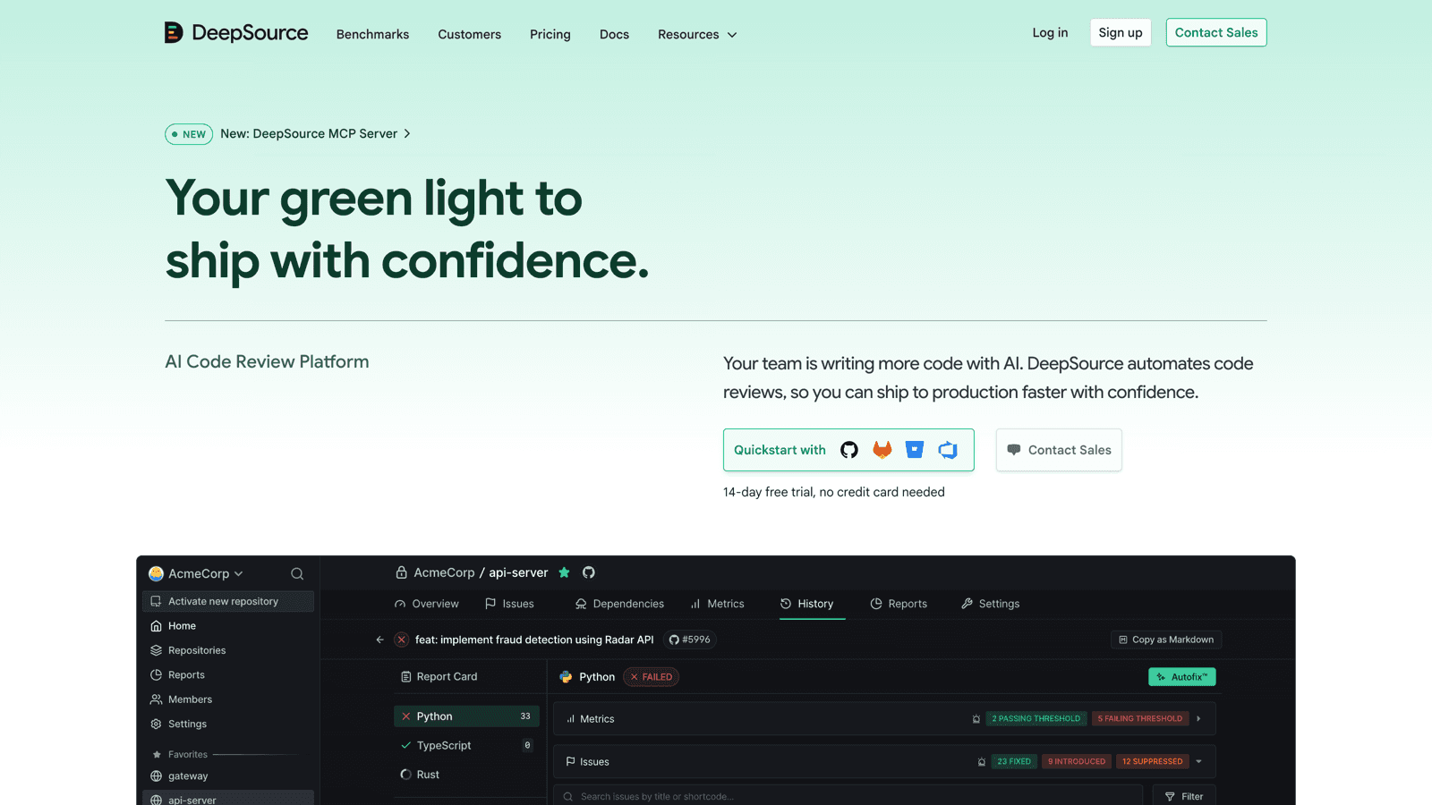 DeepSource homepage with the headline The AI Code Review Platform, your green light to ship with confidence