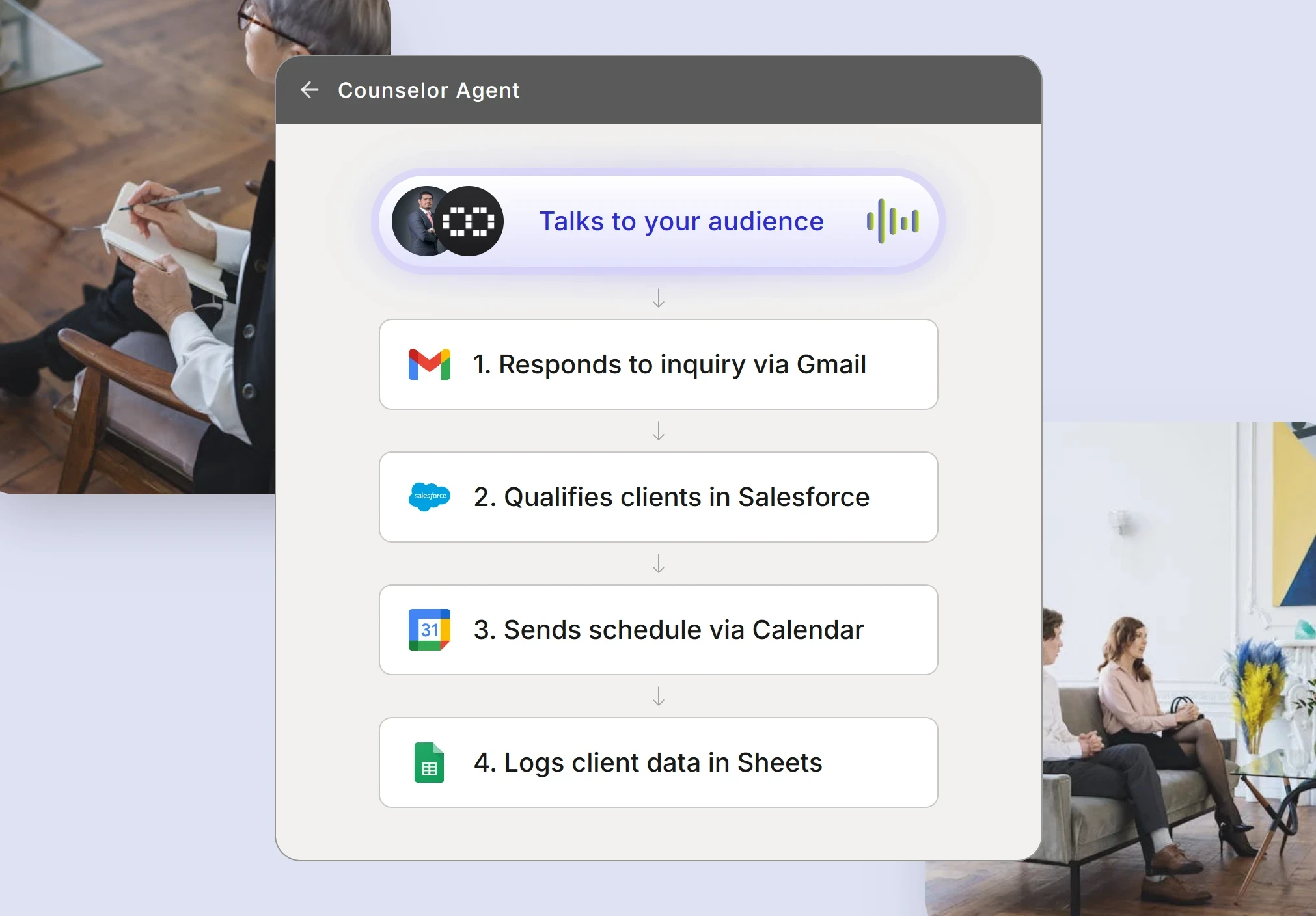 Automated counselors system showing client intake and scheduling