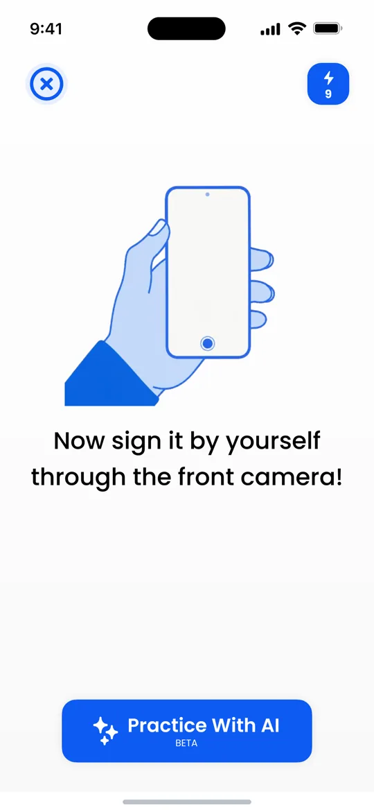 AISA School practice screen: sign it yourself through the front camera