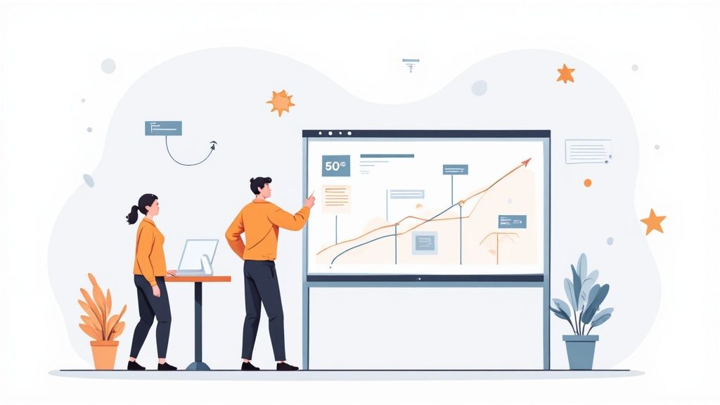 Two business professionals analyzing data and charts on a large screen, engaged in a presentation.