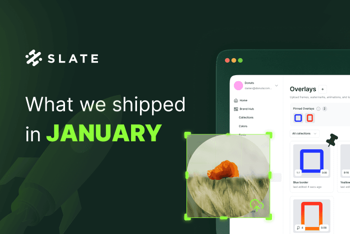 Slate product update header reading “What we shipped in January,” shown over a dark green background with a rocket illustration, alongside a product interface screenshot highlighting the Overlays feature with a circular image being edited and resized.