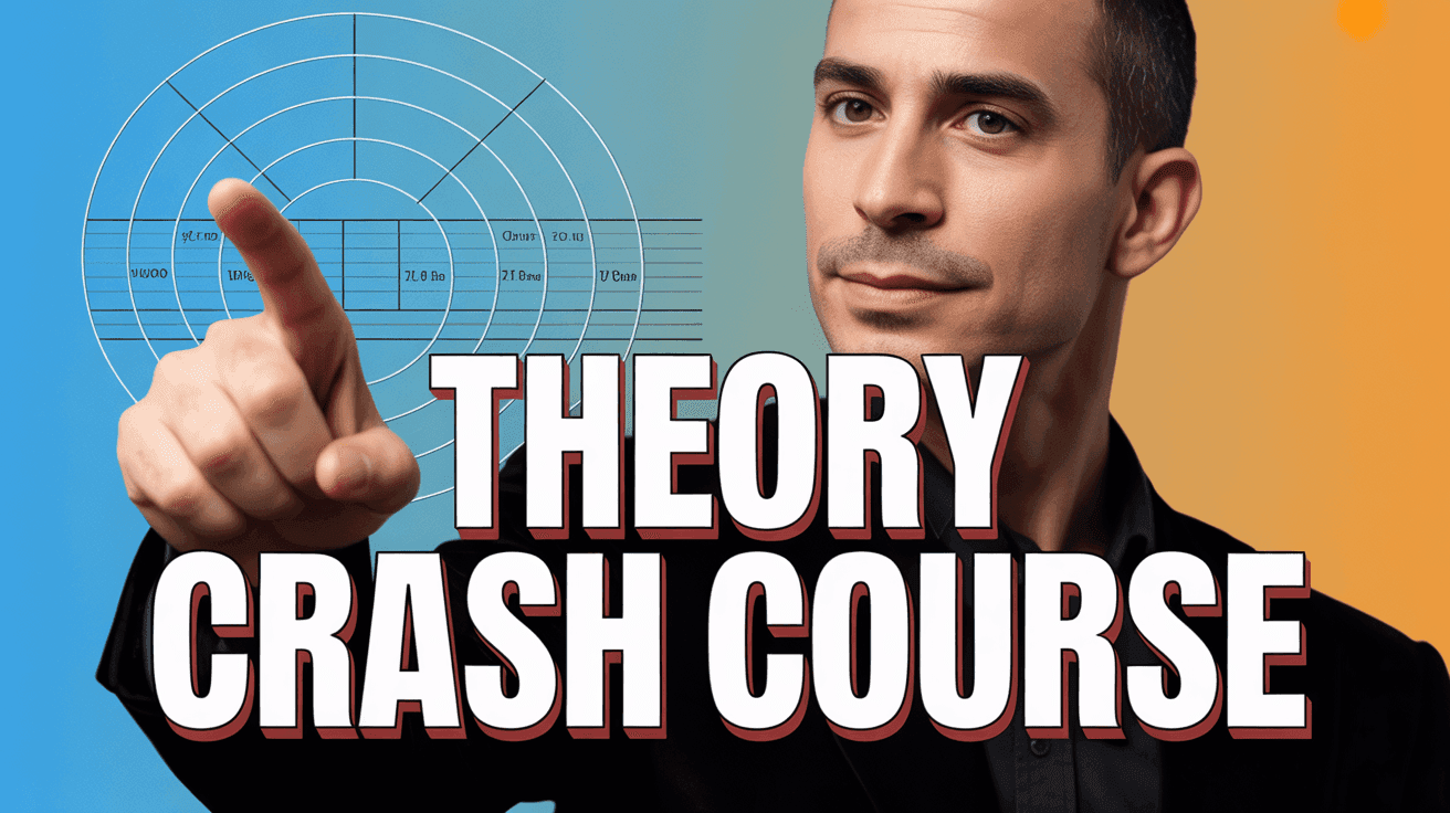 Music Theory Crash Course Thumbnail, featuring a confident music instructor pointing at a floating circle of fifths chart and interval diagrams