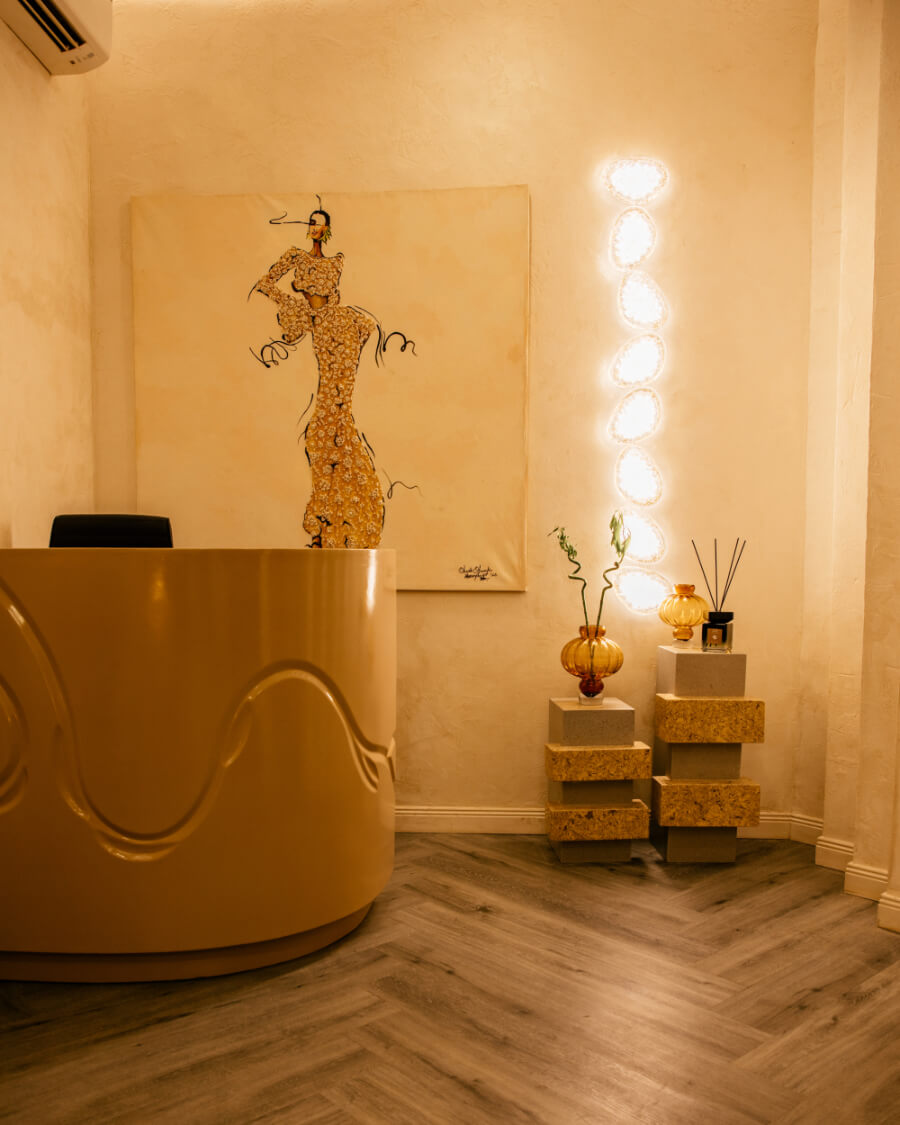 a bedroom with a large mirror