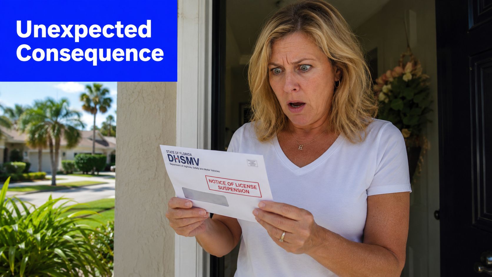 A woman looks shocked while reading a Florida Department of Highway Safety and Motor Vehicles license suspension notice.