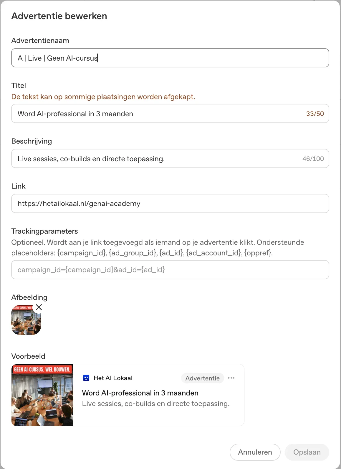 Scherm Advertentie bewerken voor advertentie A, met titel 33 van 50 tekens en de waarschuwing dat de tekst kan worden afgekapt