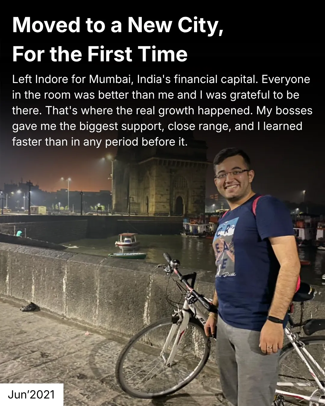 sagar ludhiyani with a bicycle at the gateway of india in mumbai at night, june 2021, sagar ludhiyani, rango founder, rango design