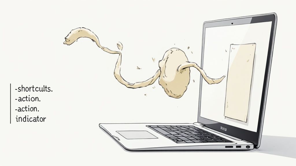 A light-colored, blob-like creature with tendrils emerges from a laptop screen, pulling out a document, next to a list of 'shortcuts'.