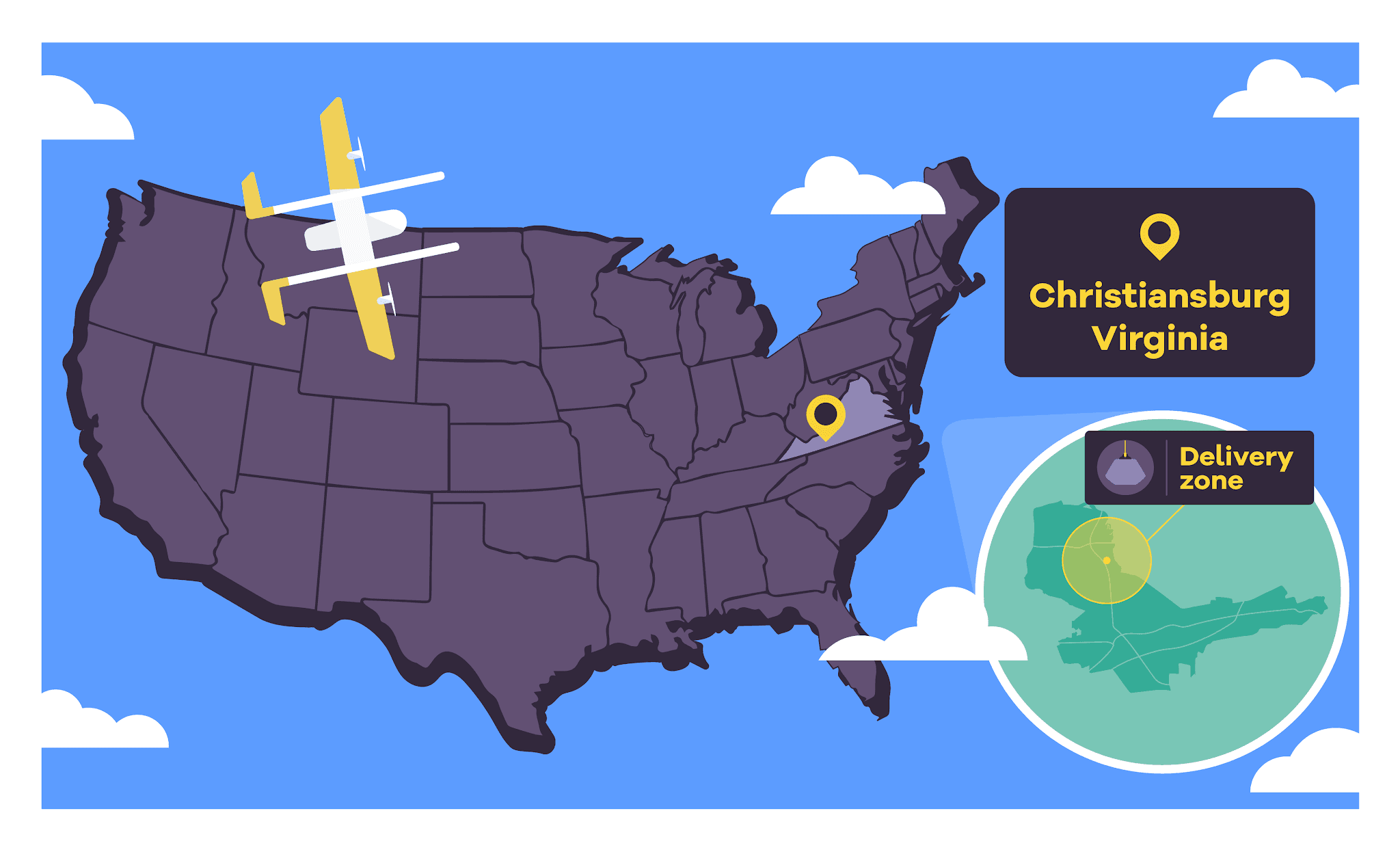 An illustrated map of the United States highlights Christiansburg, Virginia, as a drone delivery zone, with a drone icon flying above the map against a blue sky background with white clouds.