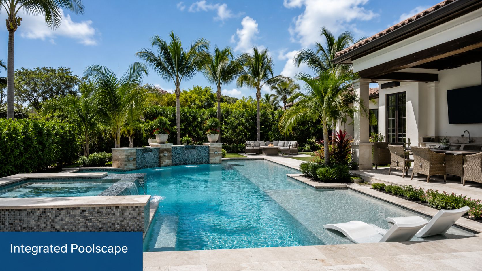 A luxurious backyard pool construction in Naples featuring a hot tub, sun shelf, and tropical palm trees.