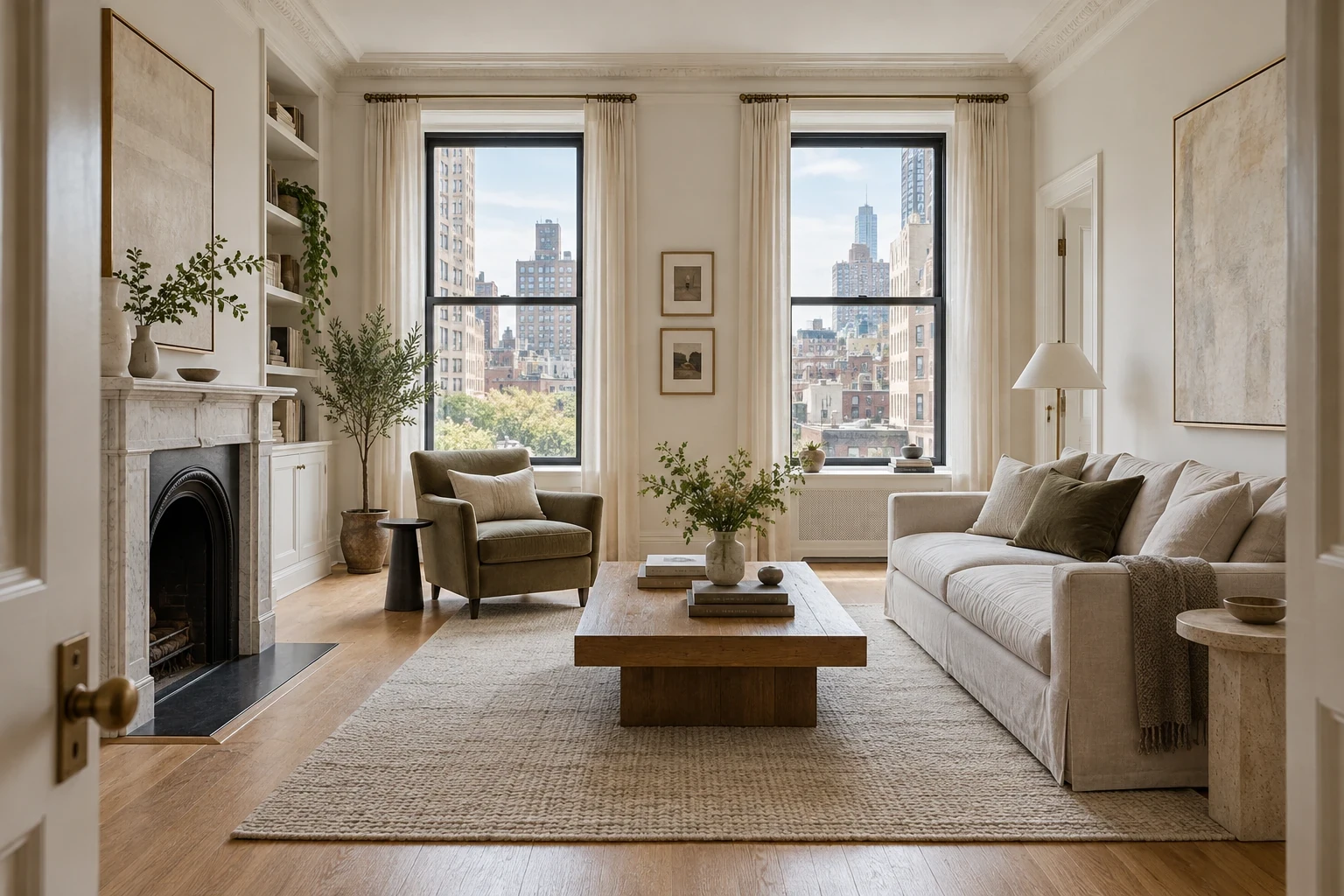 Illustrative New York apartment living room with tall windows and natural daylight