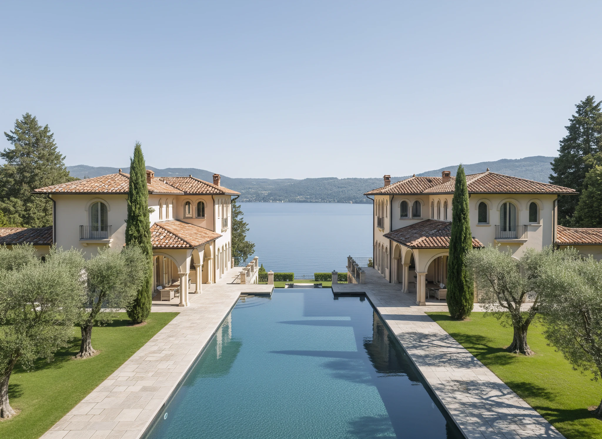 A tranquil view of a luxurious villa with a pool overlooking a serene lake, surrounded by lush greenery.