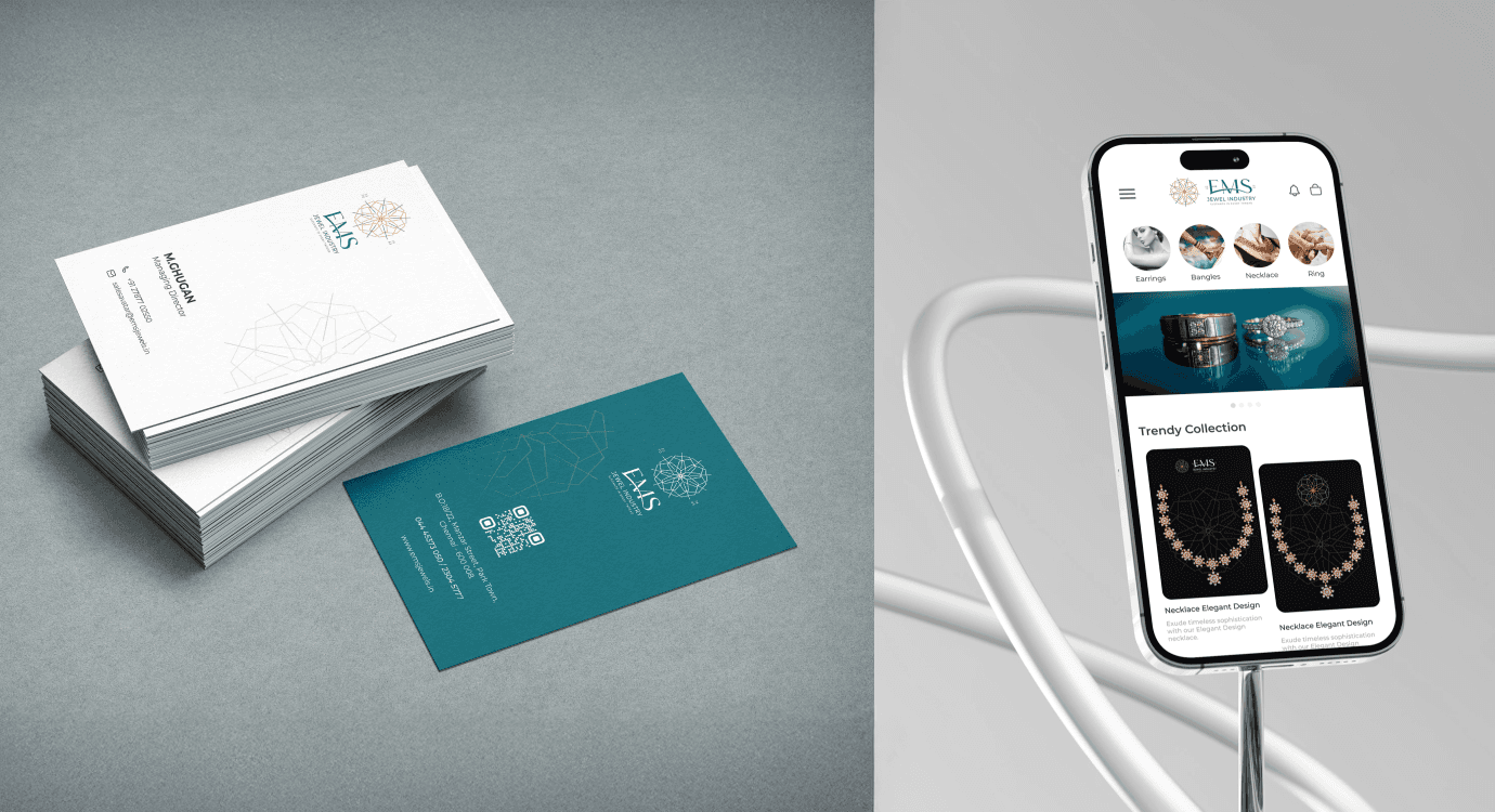 EMS Jewel Industry branded business card and mobile app UI design — Penguincil Design