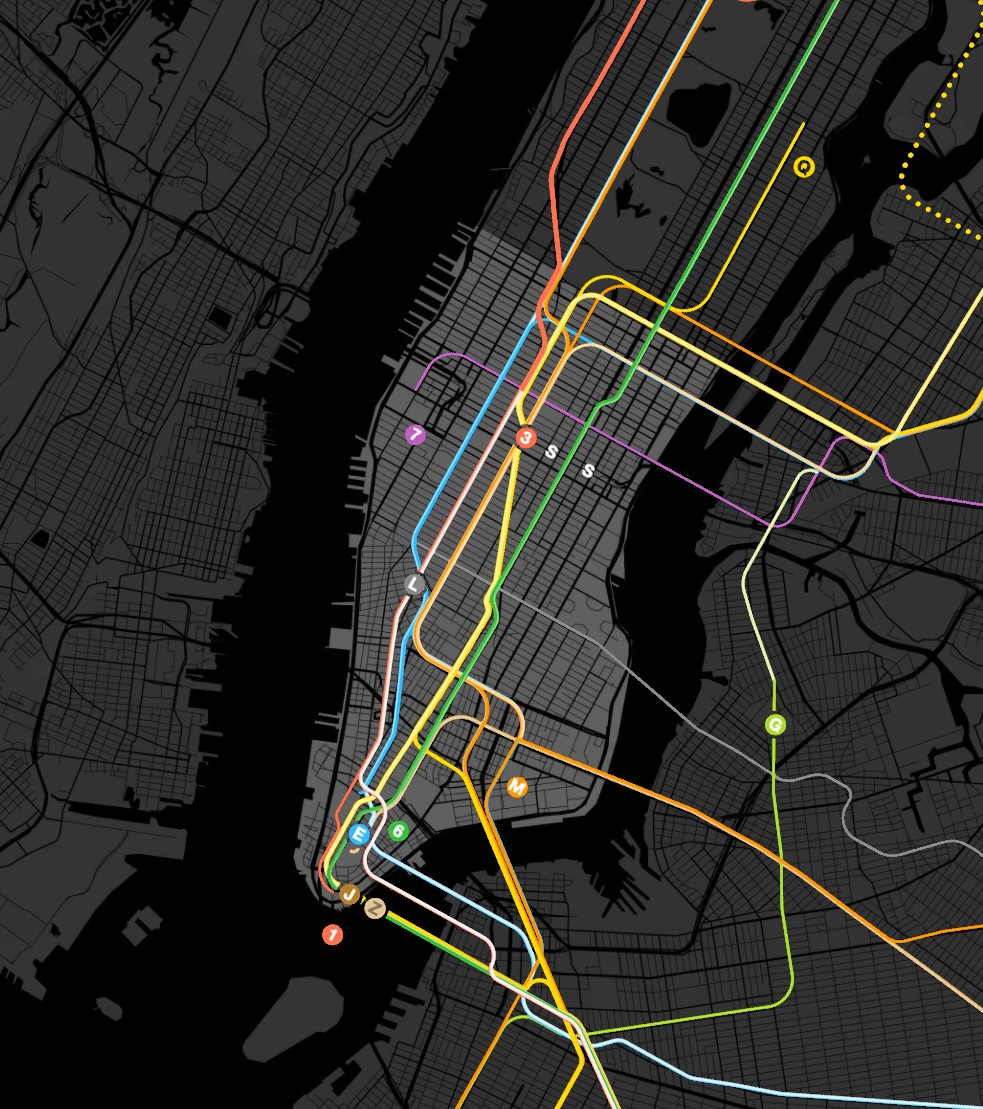 Map of Manhattan with subway lines overlayed