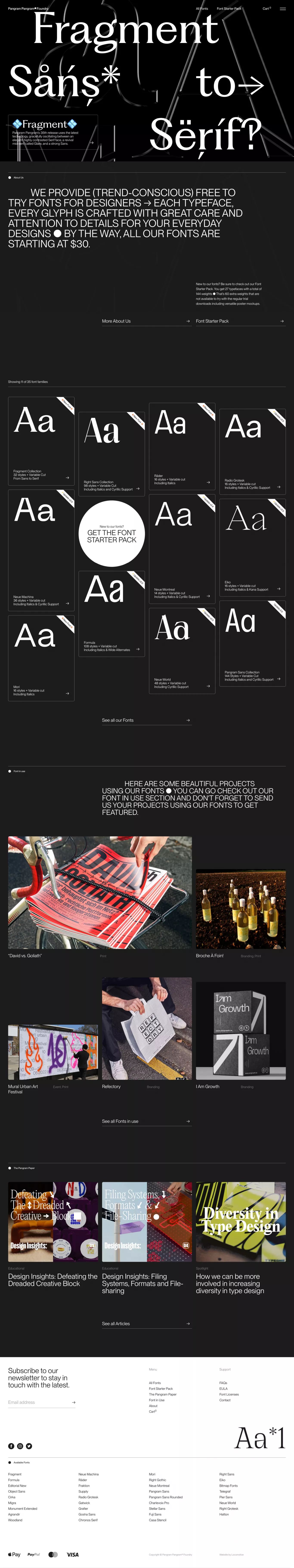 Pangram Pangram Foundry portfolio page screenshot showcasing Design and Tech design