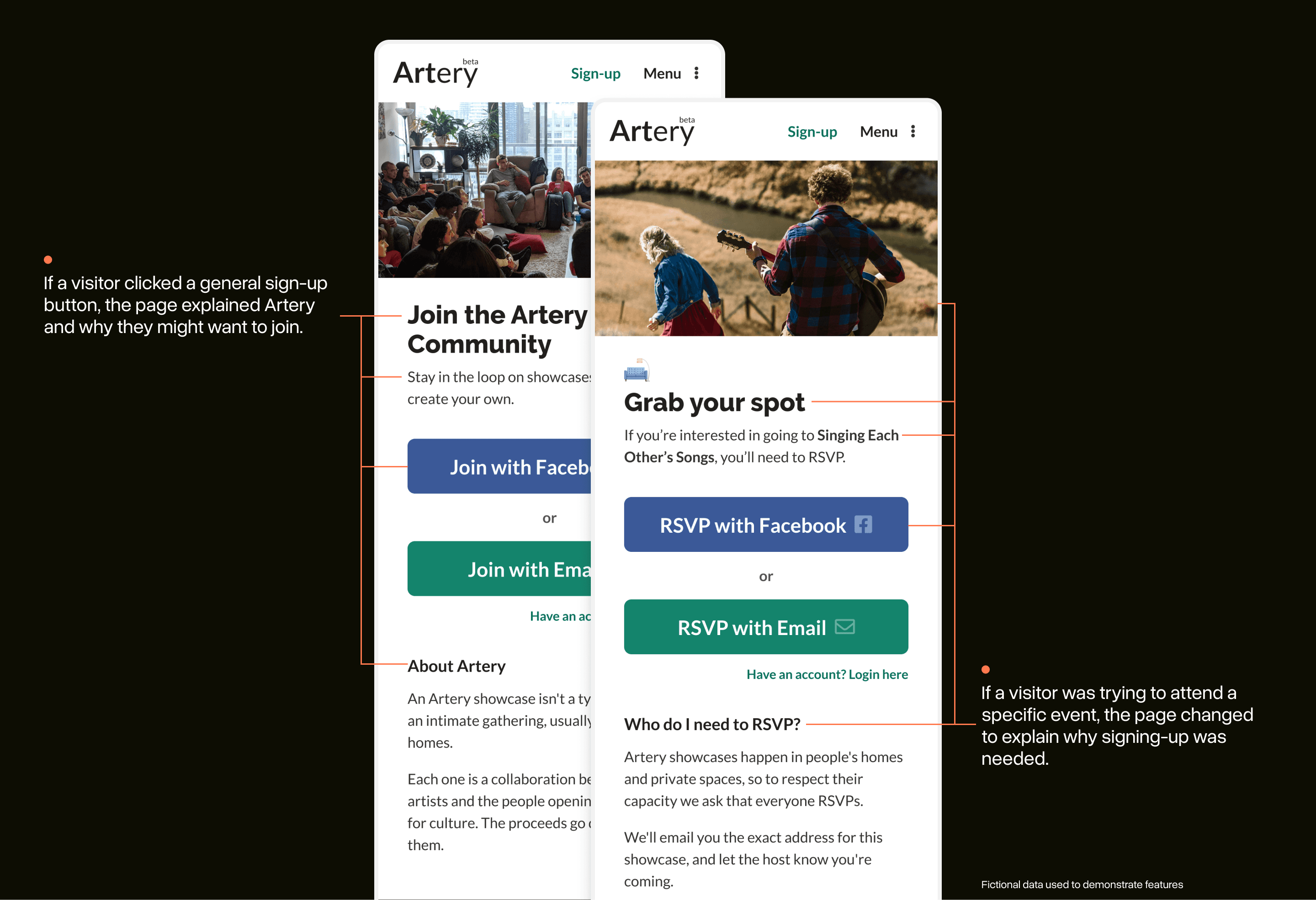 Two screenshots of the new designs showing how the sign-up page modifies itself based on context. If a user hasn’t yet signed-up and wants to buy a ticket it will show the name and photo of the event on the page.
