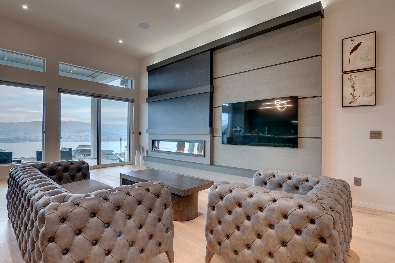 Full view of custom entertainment wall in living space