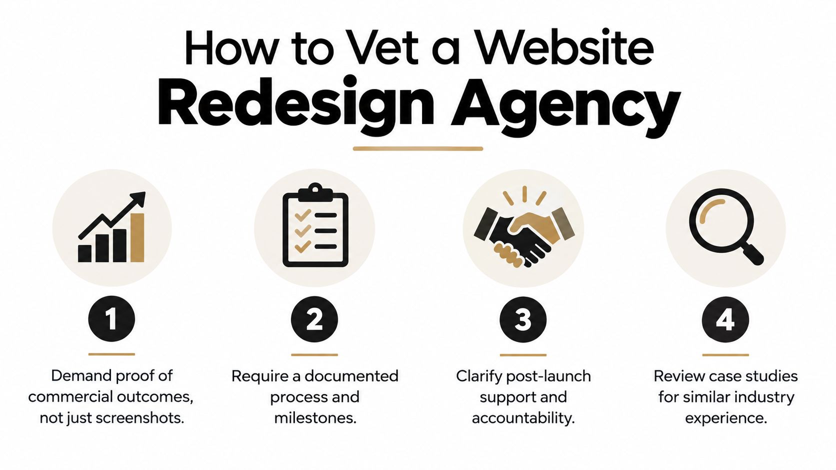 A four-step infographic illustrating how to properly vet a professional website redesign agency for your business.