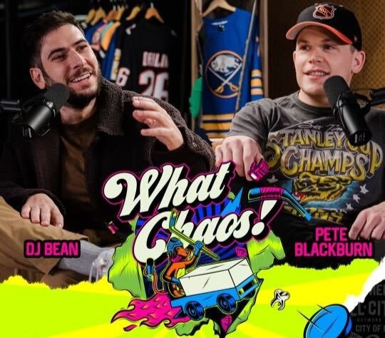 Two men, DJ Bean and Pete Blackburn, are podcasting in a studio with hockey jerseys in the background. The colorful What Chaos! podcast logo featuring a Zamboni is overlaid at the bottom.