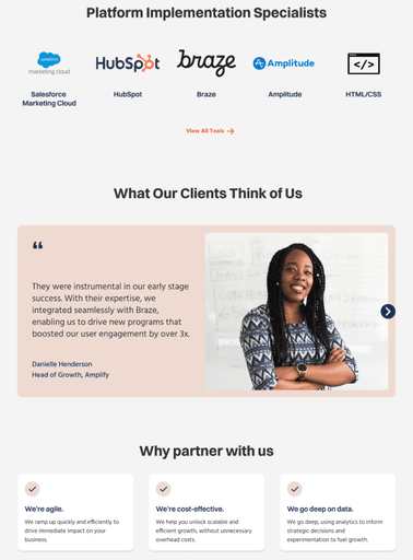 Screenshot of the updated section of the Home page, featuring a separate section to highlight GROHAUS tools of expertise, followed by the client testimonials and value proposition sections.