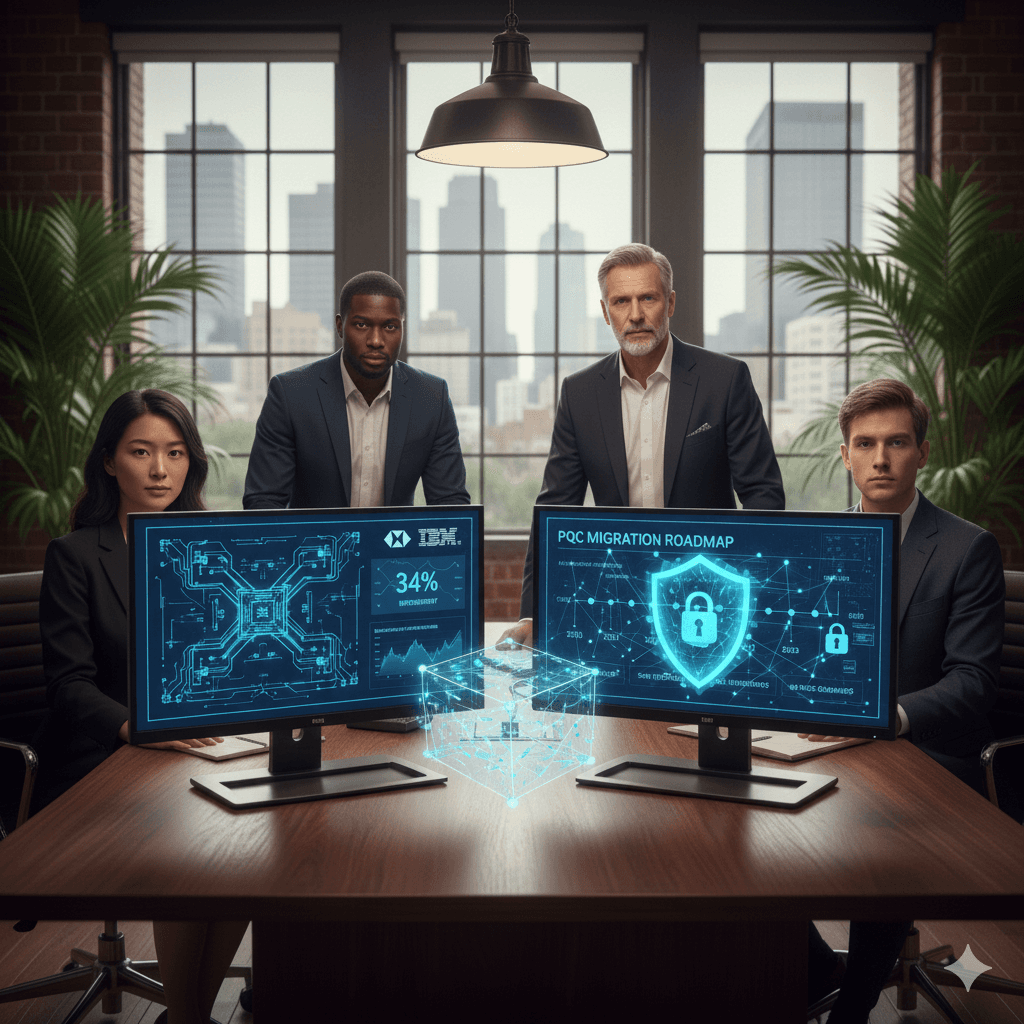 Four individuals in business attire sit around a table with two monitors displaying quantum computing graphics and banking data in a modern office with a cityscape view.