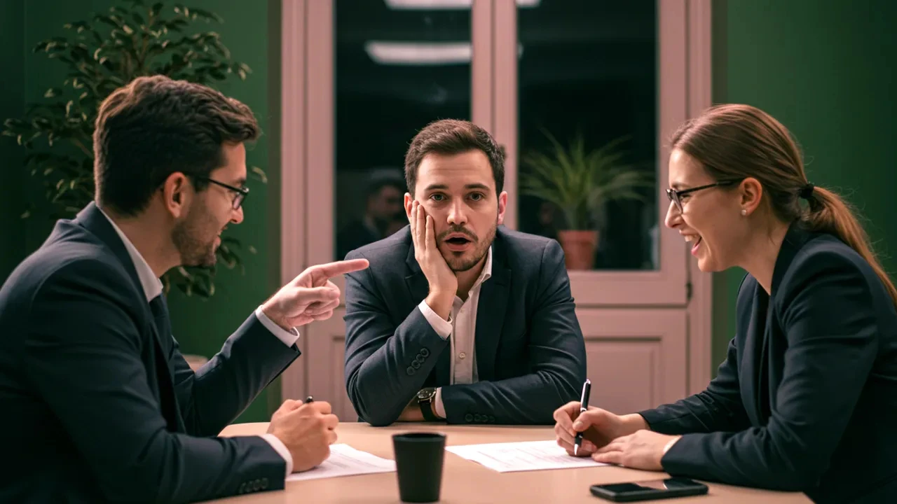 Dans une salle de réunion aux murs verts, trois professionnels sont assis autour d’une table avec des documents. À gauche, un homme pointe du doigt en parlant. À droite, une femme écrit tout en souriant. Au centre, un homme en costume regarde droit devant lui, la main posée sur la joue, l’air surpris ou déstabilisé. Cette scène accompagne la réflexion “Que disent de vous les fautes de grammaire et d’orthographe à l’heure de l’IA”, en symbolisant le jugement, l’évaluation et l’impact de l’expression écrite dans un contexte professionnel.