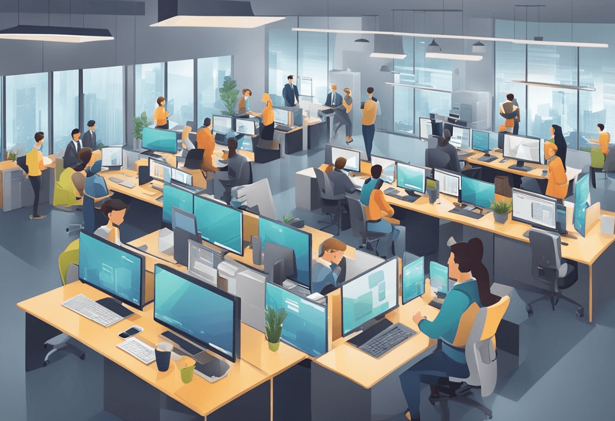 A bustling digital office with jobseekers and recruiters interacting, surrounded by screens and technology